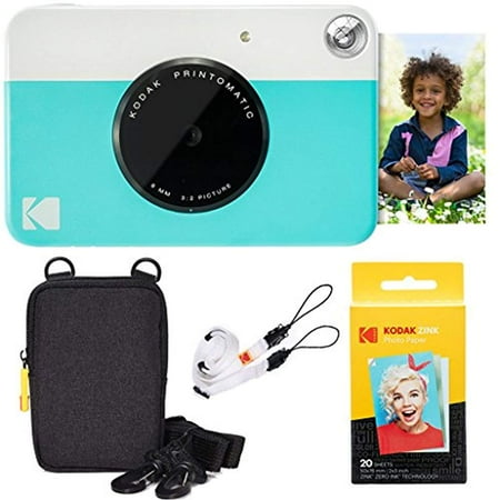 - kodak printomatic instant camera (blue) basic bundle + zink paper (20 sheets) + deluxe case + comfortable neck strap