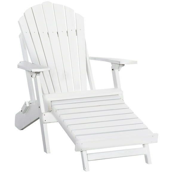 Outsunny Folding Adirondack Chair, Muskoka Chair with Ottoman, Outdoor Wooden Lounger for Patio, Porch, Poolside, Garden, White