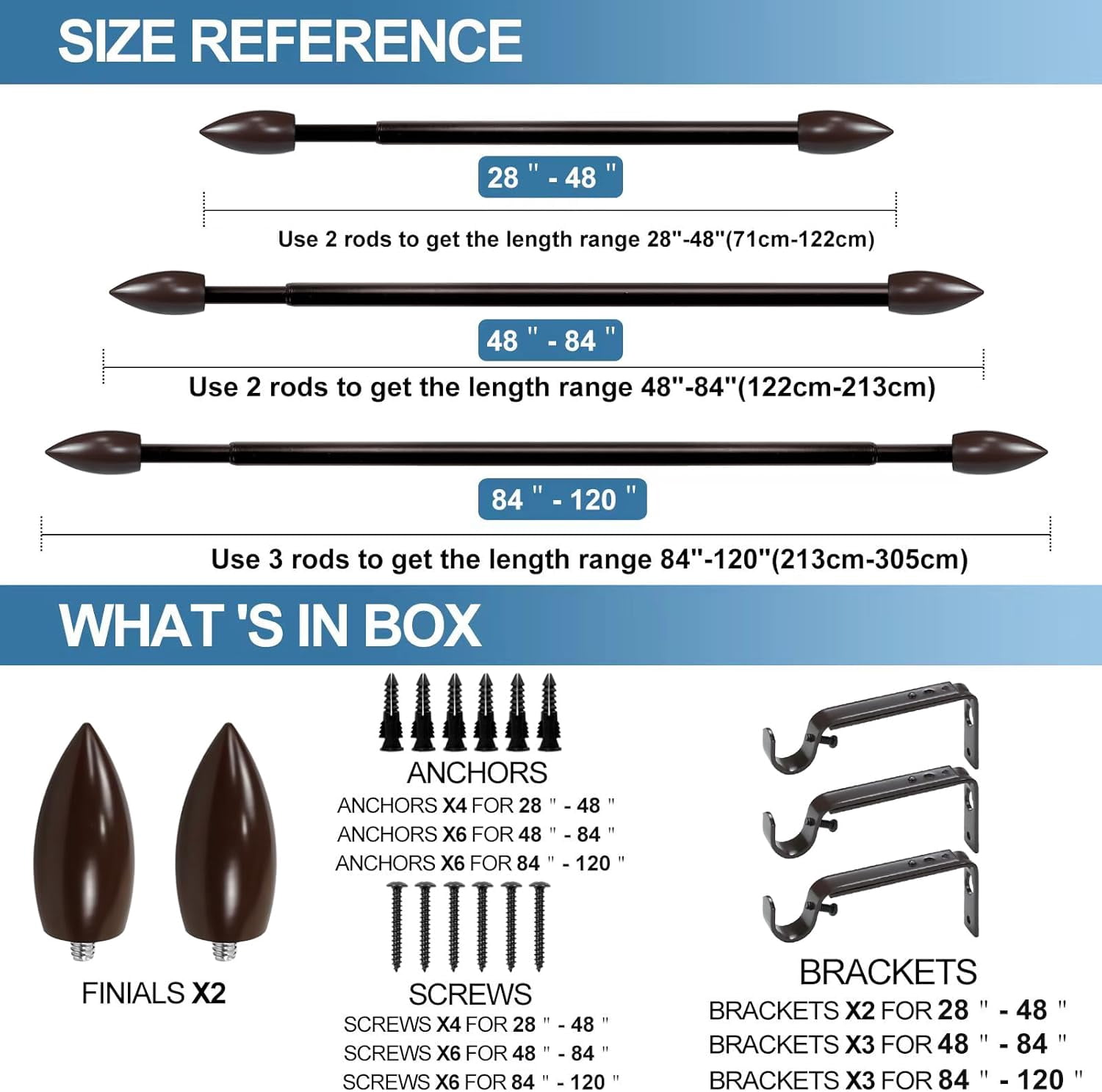Urbanest Adjustable Single Curtain Rod Set Bullet Finials – 5/8-Inch Diameter, With Bronze Rod, 28–48 Inches