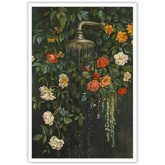 Floral Bathroom Canvas Wall Art Moody Wildflowers Botanical Poster Colorful Flowers Dark Green Aesthetic Prints Rustic Bath Shower Picture Funn With Plants Picture For Wall Decor