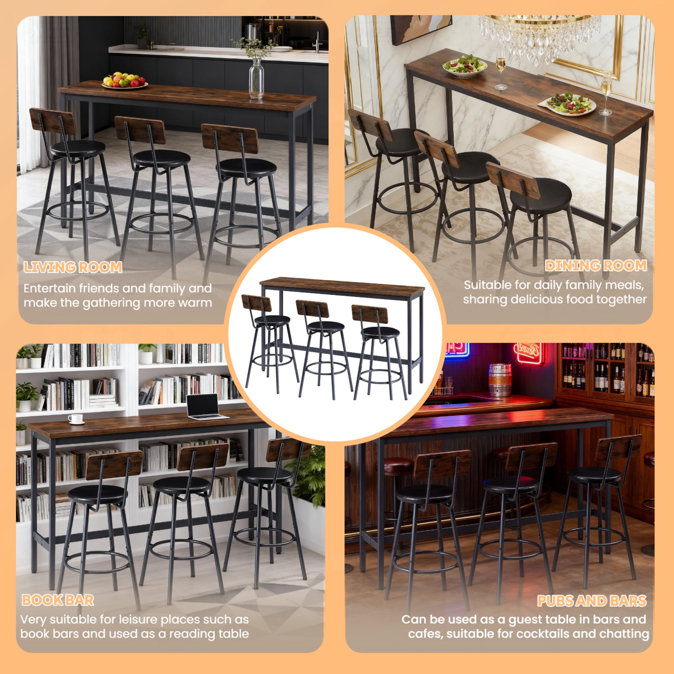 Noble House 4-Piece Industrial Bar Table and Chairs Set, Kitchen Dining Table with 3 Faux Leather Stools, Rustic Brown