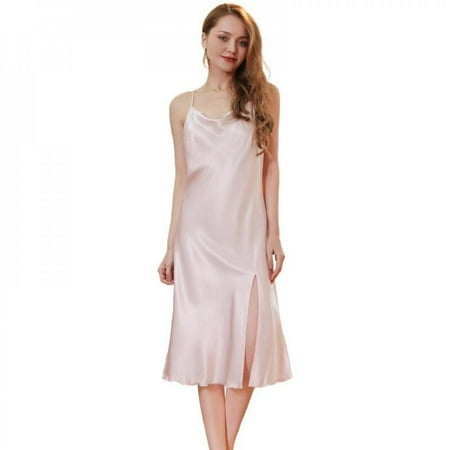 

Pretty Comy Ladies Solid Color Glossy Satin Single Neck Cross Shoulder StrapsOne-sided Split Nightdress Summer Sexy Big Backless Long Sling Pink L