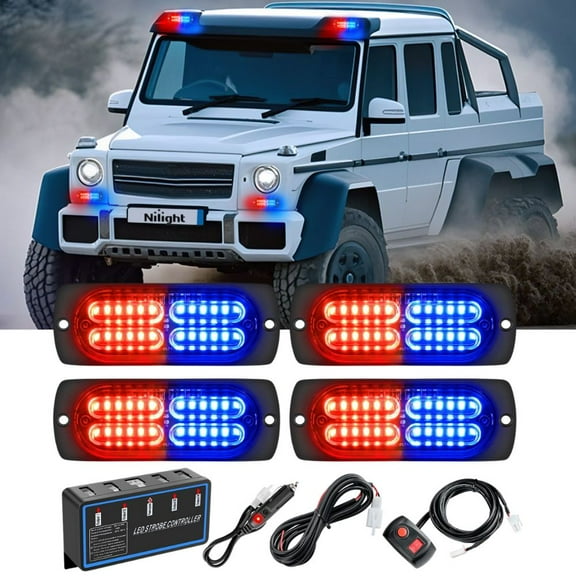 Nilight 4PCS LED Strobe lights 12V 24V Sync Feature Red Blue 24LED Emergency Hazard Warning Lights with Controller Hard Wire or Cigarette Lighter Plug for Car Truck RV