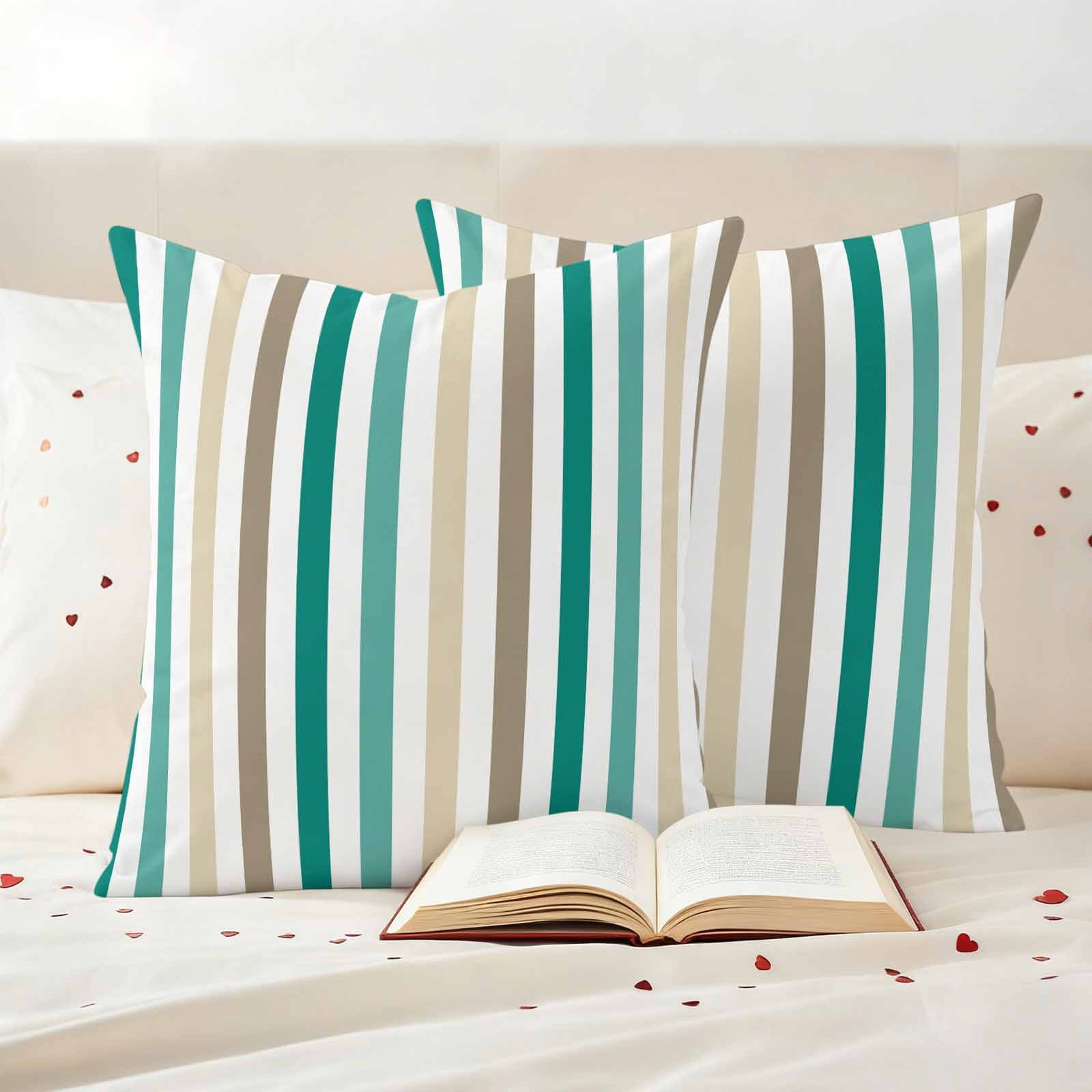 Teal Brown Stripe Outdoor Waterproof Pillow Covers, Gradient Geometric Vertical Striped Decorative Square Throw Pillowcase Sofa Cushion Sham for Patio/Couch/Chair, 18"x18" 2 Pack
