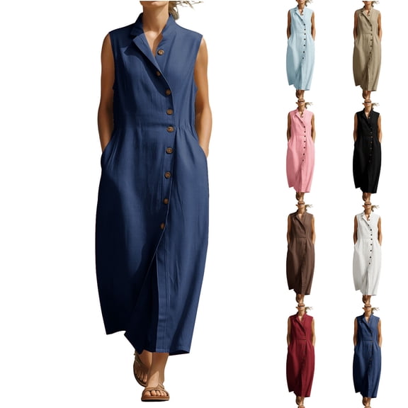 VBVC Women's Sleeveless Cotton-Linen Shirt Maxi Dress,Stand Collar Button Down Dress For Women,Ladies Casual Summer Work Beach Sundress with Pockets,Black,S-2XL