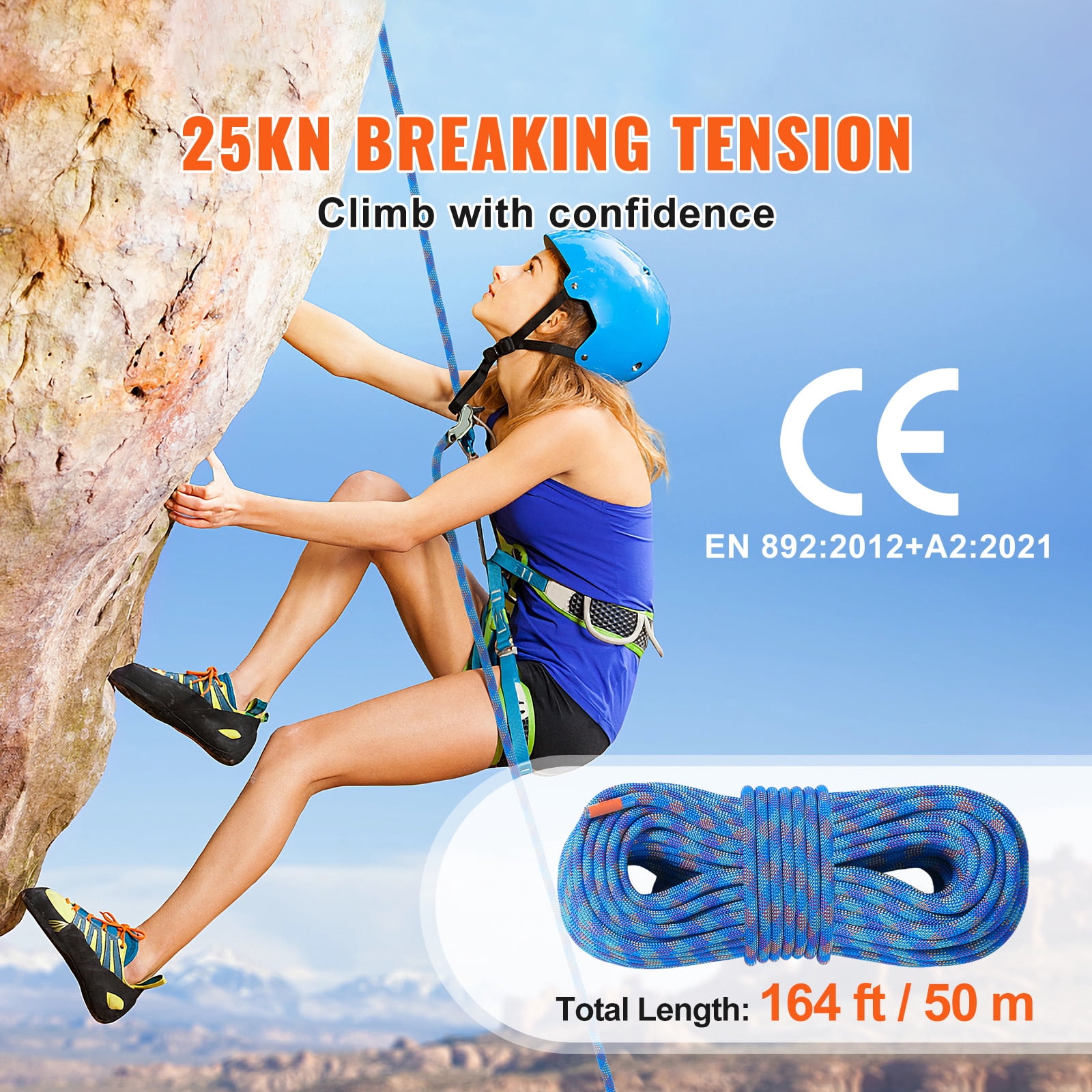 KFFKFF 10.2mm Dynamic Rope, 50M Stretchable Fiber for Climbing, 25KN Tension, Includes Steel Hooks for Rappelling, Escape, Fire Rescue, Blue