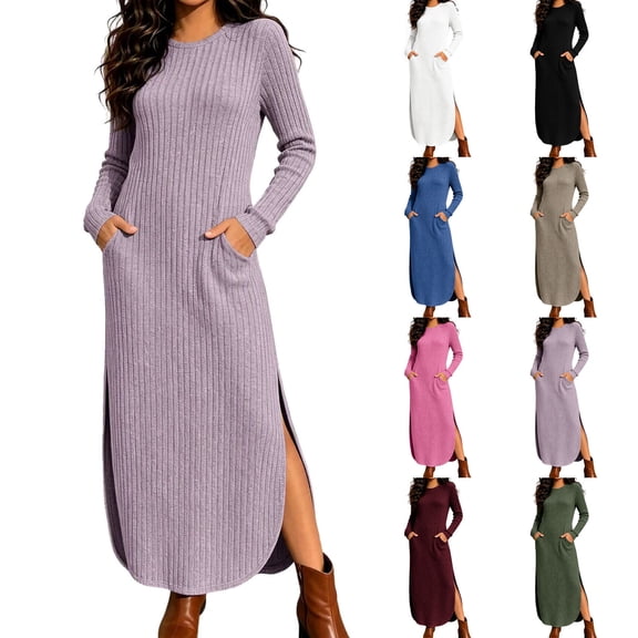 Ashirexll Casual Dresses for Women Winter Knit Long Sleeve Round Neck Solid Color Sweater Dress with Side Pockets and Side Slit Hem