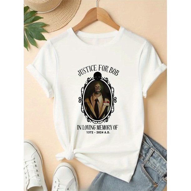 Halloween T-Shirt - Women's Frankenstein Monster Graphic Print T-Shirt - "Justice for Bob" Vintage 1978-2023 Design, Heather Gray Casual Short Sleeve Round Neck Tee, Medium Stretch Machine