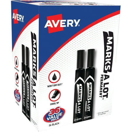 Avery Blue Markers - Avery Marks A Lot Permanent Markers, Large Desk-Style Size, Chisel Tip, Value Pack of 36 Black Markers
