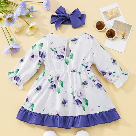 

Cathalem Girl Leotard Dress Girls Long Sleeve Ruffles Floral Prints Dresses Princess Posh Fashion Girls Dresses Dress Purple 12-18 Months
