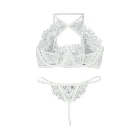 

Meihuida Women Lingerie Set Lace Halter Neck Bra + Low-Waist G-Strings