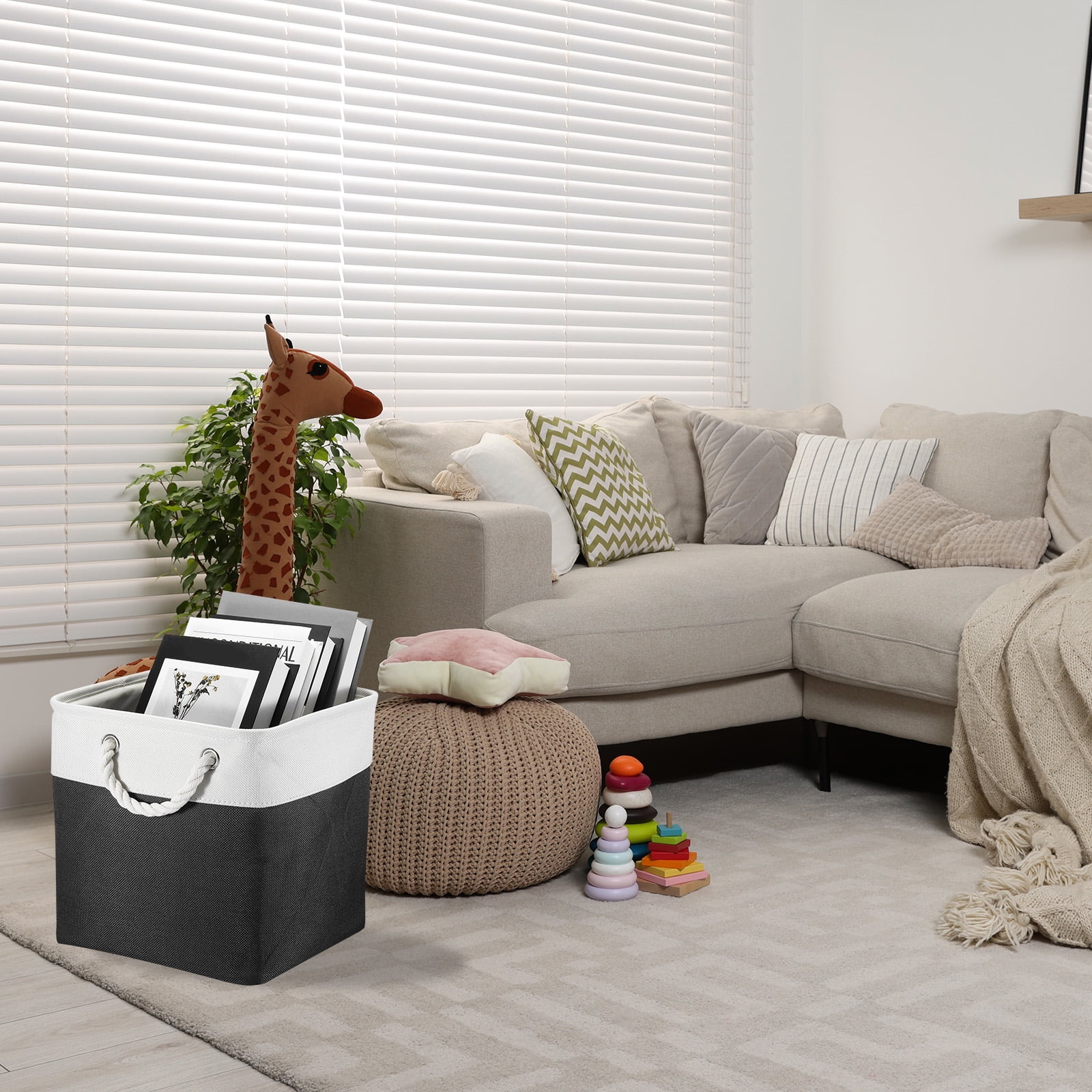 Unique Bargains Storage Baskets Fabric Collapsible Cube Basket w Handles White, Black