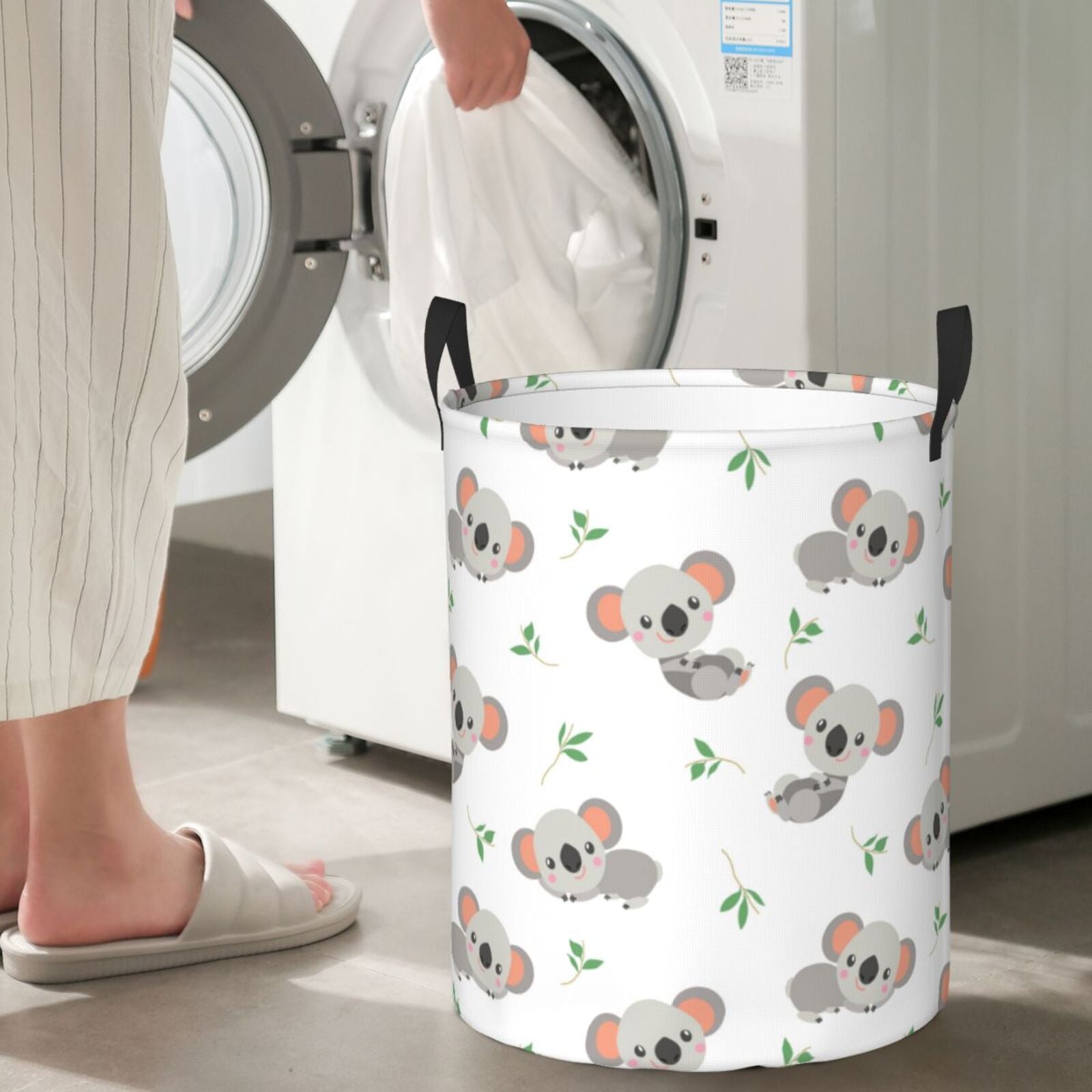 Large Laundry Basket with Handles - Gray White Koala Print Kids Baby Dirty Clothes Laundry Hamper for Bedroom Aesthetic