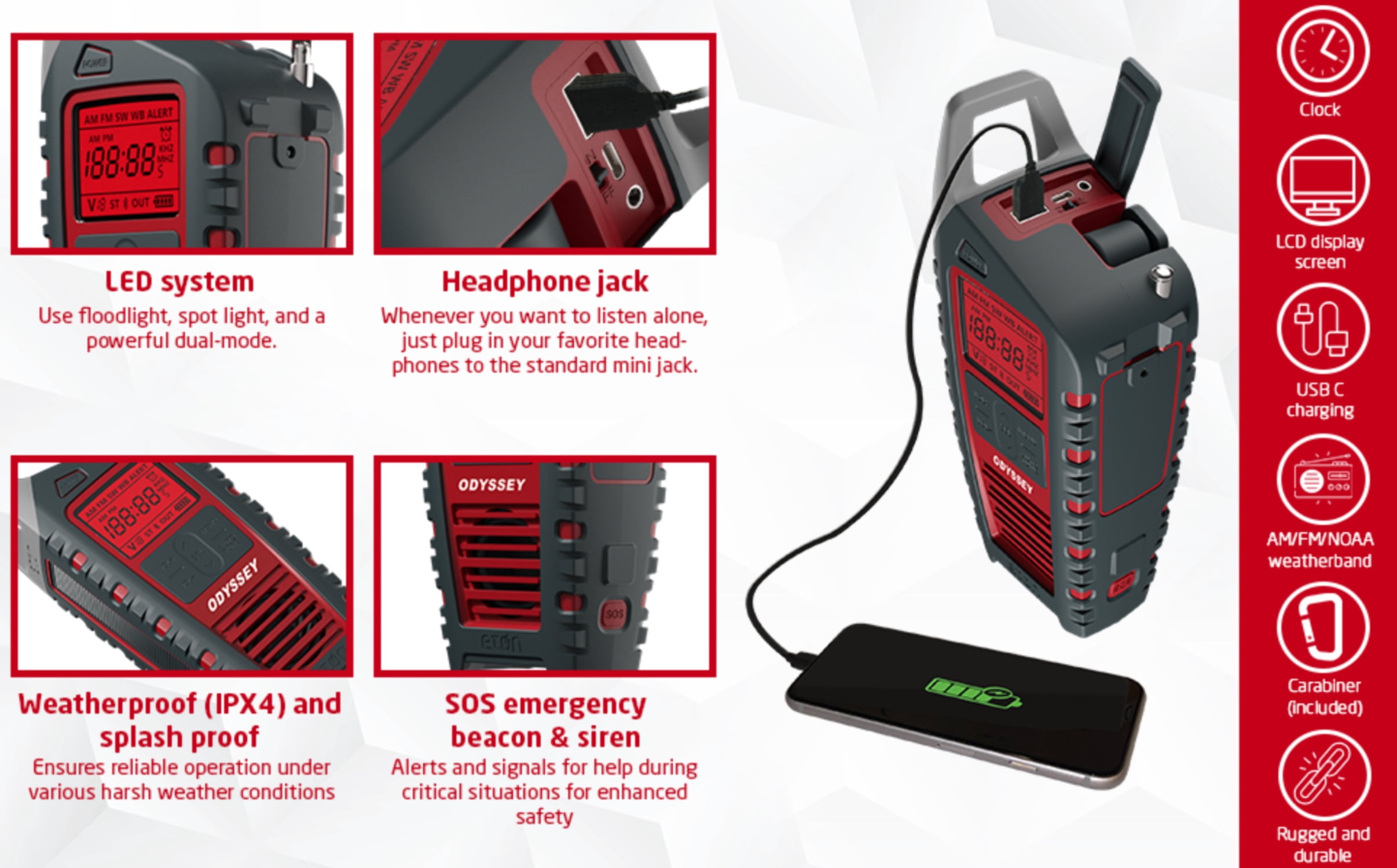 Eton Odyssey Bluetooth Solar Flashlight Portable Weather Radio, Red