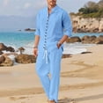 thumbnail image 4 of Men's Linen 2 Piece Outfits Button up Long Sleeve Shirt and Wide Leg Pant Set Casual Beach Travel Clothes (S, Sky Blue), 4 of 8