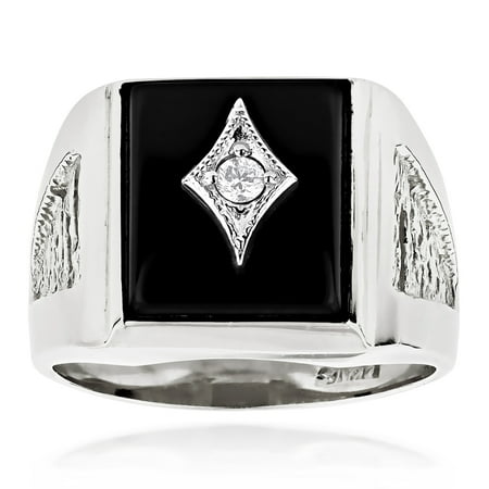 14k Mens Diamond Rings - Black Square Natural Onyx And Real 0.1 Ctw Diamond 14K Mens Ring For Him (White Gold Size 7.5)