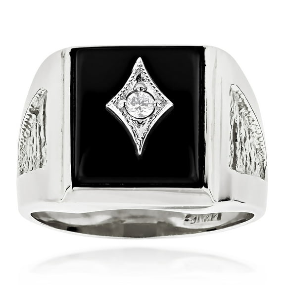 Black Square Natural Onyx And Real 0.1 Ctw Diamond 14K Mens Ring For Him (White Gold Size 7.5)