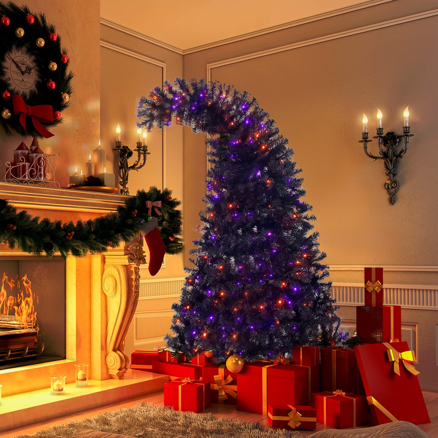 Kadyn 6ft Christmas Tree, Hinged Fraser Fir Artificial Fir Bent Top Christmas Tree, Pre-lit Slim Christmas Tree with LED Lights, Purple