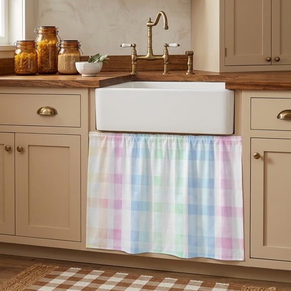 Blue Pink Plaid Cabinet Curtains 28"W x 35"L, Pastel Green White Buffalo Patchwork Under Sink Skirt for Bathroom Vanity Kitchen Self Adhesive, Dust-Proof Privacy Curtain for Closet Shelves
