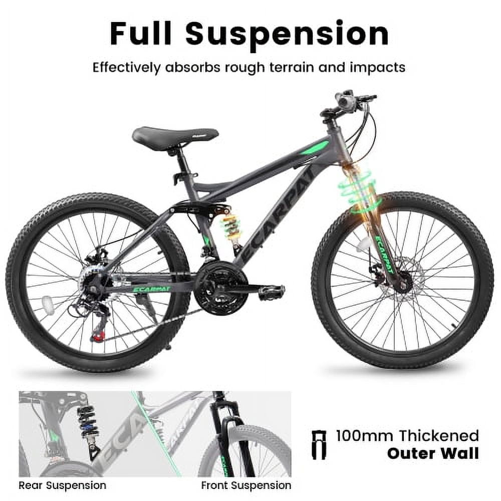 RAISTYW 24 inch Mountain Bike for Men, Women, Full Suspension Shimano 21-Speed with Disc Brake Bike, Urban Cycling Commuter Bike ,Green and Black