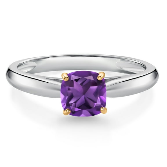 Gem Stone King 925 Silver and 10K Yellow Gold Purple Amethyst Engagement Ring for Women (0.54 Cttw, Cushion 5MM, Gemstone February Birthstone, Size 6)