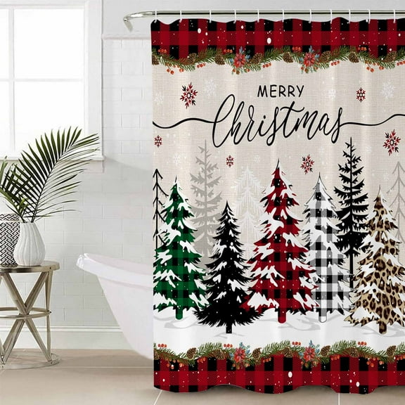 Christmas Tree Waterproof Fabric Shower Curtain, Red Black Plaid Xmas Snowflake Shower Curtain for Bathroom Curtains Bathtubs Hotel Washable Shower Curtains with 12 Hooks Standard 60x72