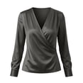 thumbnail image 4 of FDGIU Women's Satin Wrap V Neck Blouse, Long Cuff Sleeve Ruched Waist Solid Dressy Tops for Office Business Casual Daily Evening Outfits, 4 of 7