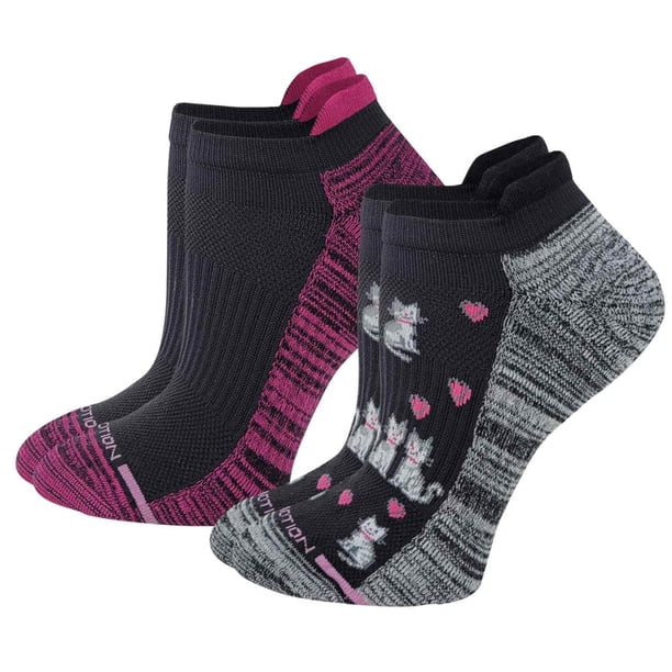 Dr. Motion Women's 2 Pack Cat Design and Black Compression Ankle Socks