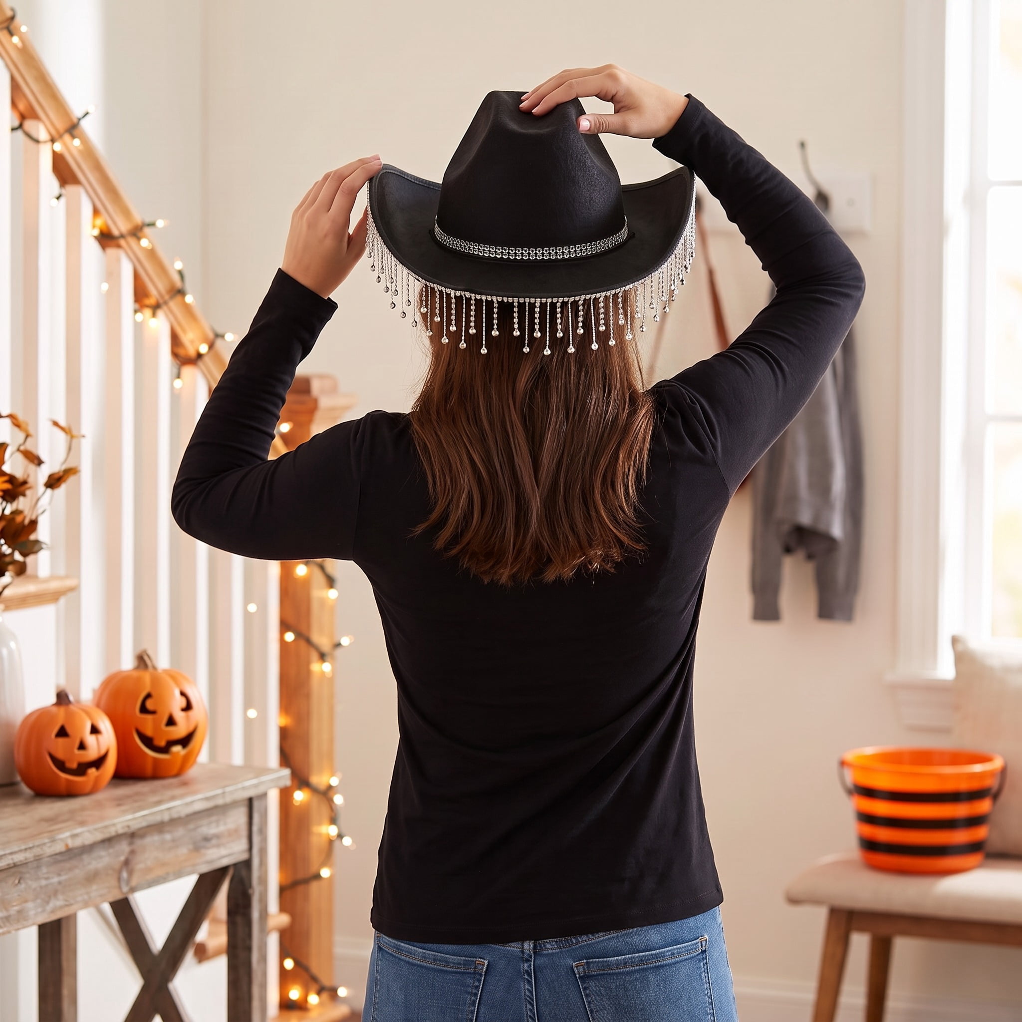 Fringe Cowboy Hat Costume Accessory for Adults, Black and Silver, Halloween by Way To Celebrate