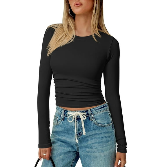 OQQ Women's Shirts Long Sleeve Crew Neck Ruched Stretch Basic Fitted Tee Shirts Tops