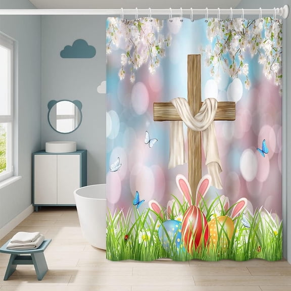 Happy Easter Shower Curtains for Bathroom Spring Cherry Blossom Wood Cross Rabbit Ears Colorful Eggs Home Bathtubs Decor Waterproof Fabric Shower Curtain Sets with 12 Hooks, 72x72 Inch
