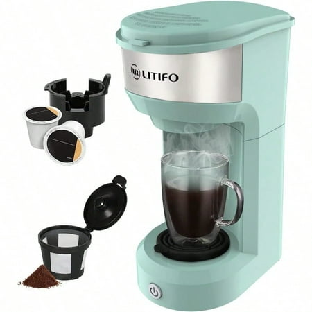 Single Serve Coffee Maker for Ground coffee Tea and K Cup Pod 2In1 Small Coffee Machine with 6 to 14oz Reservoir OneButton Fast Brew Auto Shutoff and Self Cleaning Function