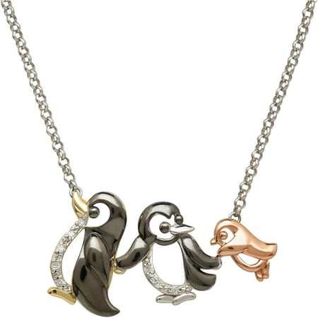 Petite Expressions Diamond Accent Penguin Family Necklace in 18kt Gold-Plated over Sterling Silver, 17