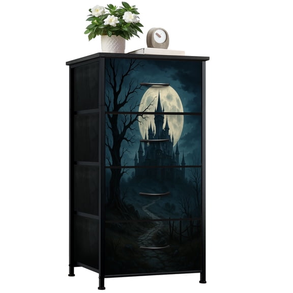 Dresser for Bedroom with 4 Storage Drawers Gothic Castle Under Full Moon Dark Trees Misty Pathway Dressers Chest of Drawers Steel Framed Fabric Closet Organizers for Entryway