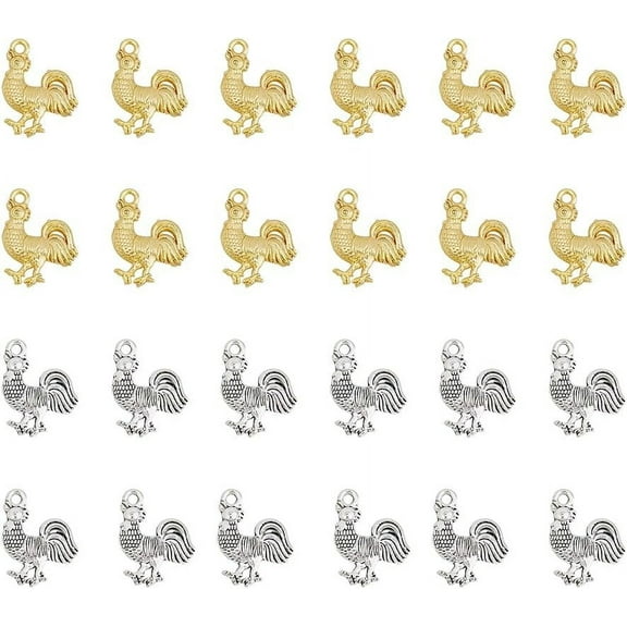 60Pcs 2 Colors Rooster Charms Golden and Silver Farming Charms Small Animal Carms Cute Chicken Charms Alloy Pendants for DIY Crafts Jewelry Making Hole: 2mm