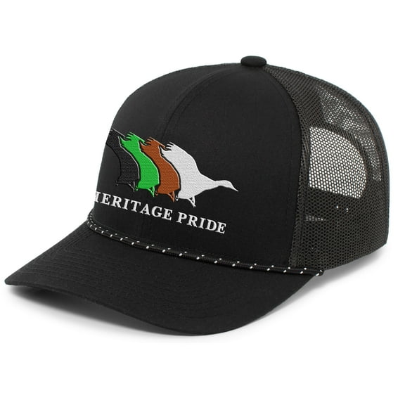 Heritage Pride Mallard Retro Duck Line Mesh Back Embroidered Snapback Braid Rope Trucker Hat Baseball Cap, Black/Black