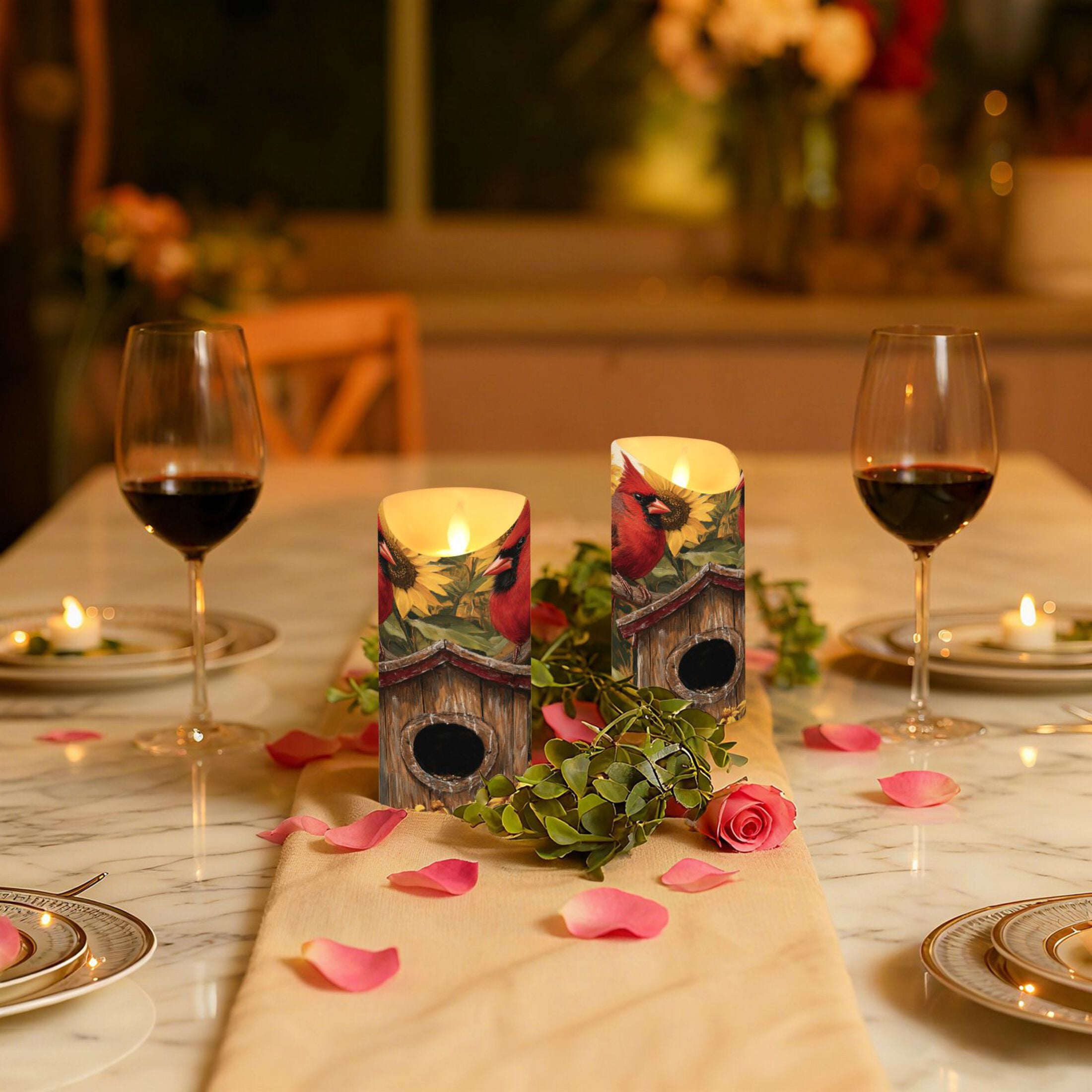 Wobogo Summer Sunflowers Cardinal Bird Flameless Candles with Remote Battery Operated Flickering LED Candles with Timer 2/4/6/8H Medium Size