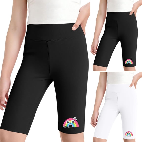 HAOTAGS Girls Yoga Shorts (4-13), High-Waist Printed Summer Workout Dance Leggings White 12-13 Years