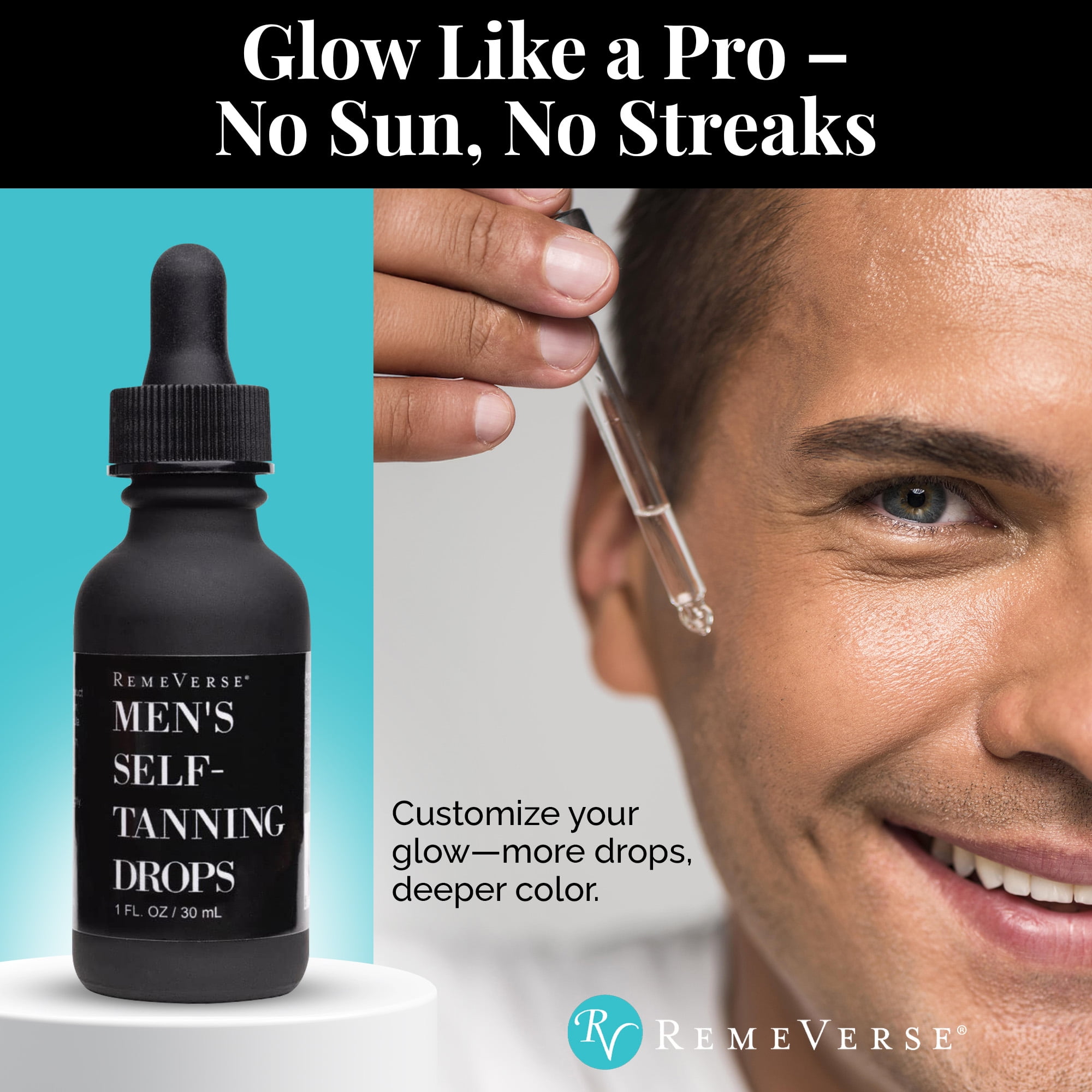 Men’s Self-Tanning Drops by RemeVerse: Sunless Tanner Formulated for Men to Achieve Natural-Looking Color & Even Skin Tone