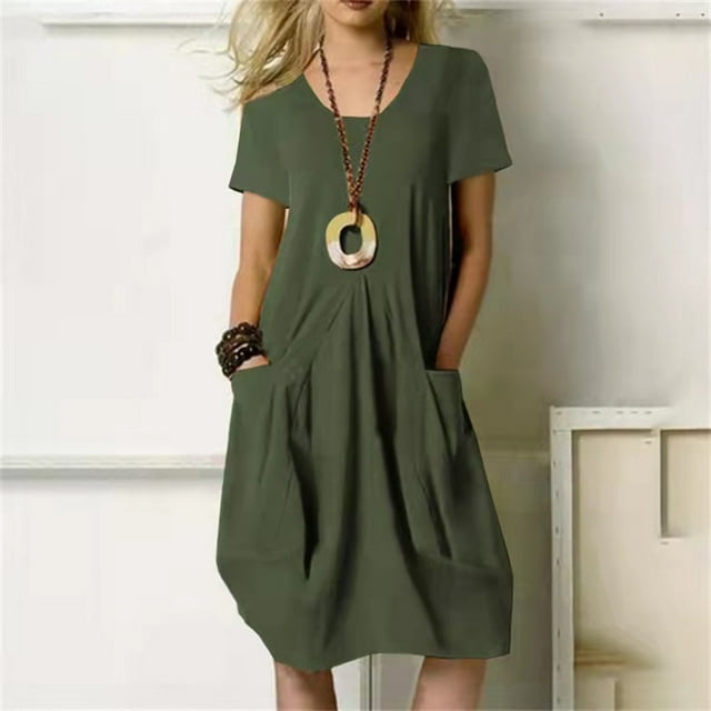 Mefallenssiah Mode Casual Col Rond Bouton Manches Courtes Coton Lin Genou-Haut Robe de Poche Robes Solides