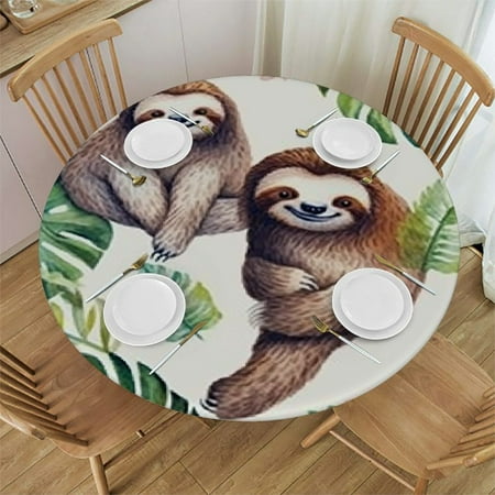 HAOXIT Fitted Round Tablecloth Sloths,Cute Leave Flower Table Cover,Elastic Edged Table Cloth Fits Round Tables 38-42