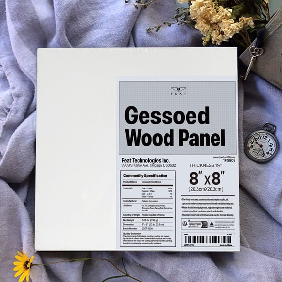 FEAT Gesso Wood Panel for Oil & Acrylic Painting, 8"x8", 1-1/4" Cradled Profile
