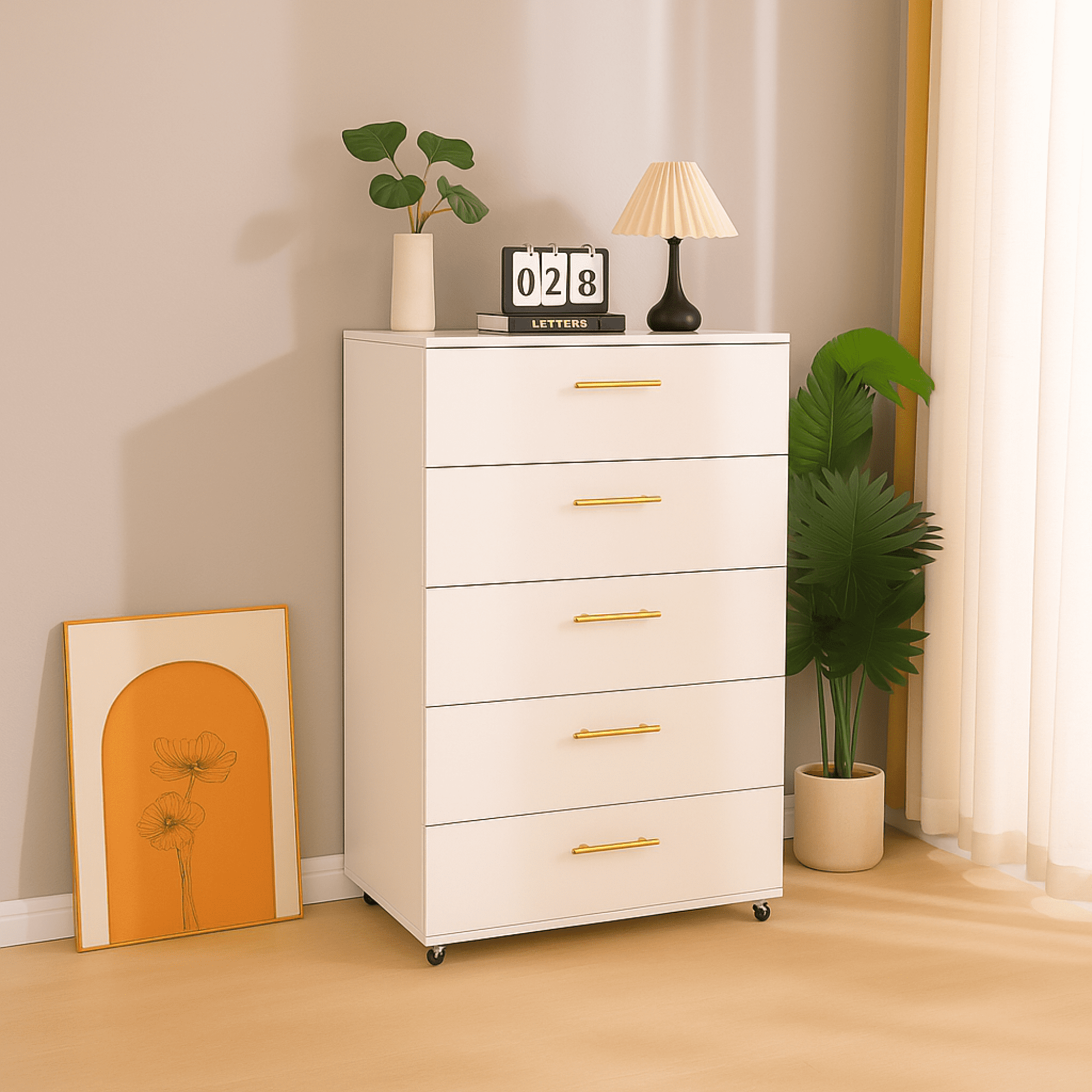 5 Drawer Dresser for Bedroom,Modern Wood Storage Cabinet with Gold Handles,Tall Chest of Drawers for Living Room,Hallway,Entryway,White