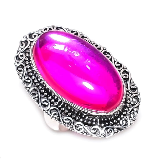 Natural Pink Mystic Glass Gemstone 925 Sterling Silver Jewelry Ring Size 8