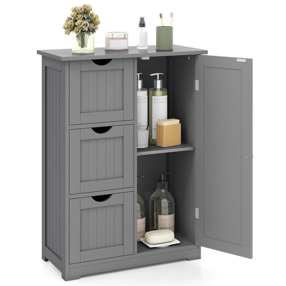 Giantex Floor Cabinet, Storage Cabinet w/3 Drawers & 1 Cupboard, Great for Bathroom, Living Room, Dining Room, Grey