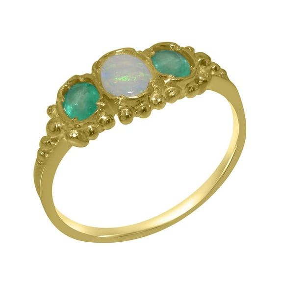 LBG British Made 10k Yellow Gold Real Genuine Opal & Emerald Womens Promise Ring - 33 size options - Size 8.25