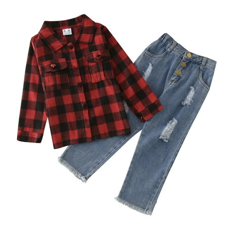 

Toddler Girls Outfits Winter Long Sleeve Plaid Prints Tops Jean Pants 2Pcs Set Children Clothing Set for Girls Size 5-6T