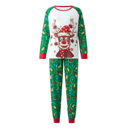 

Family Matching Christmas Holiday Pajamas Cartoon Deer Snowflake Print Tops + Colorful Light String Print Long Pants Set/Romper