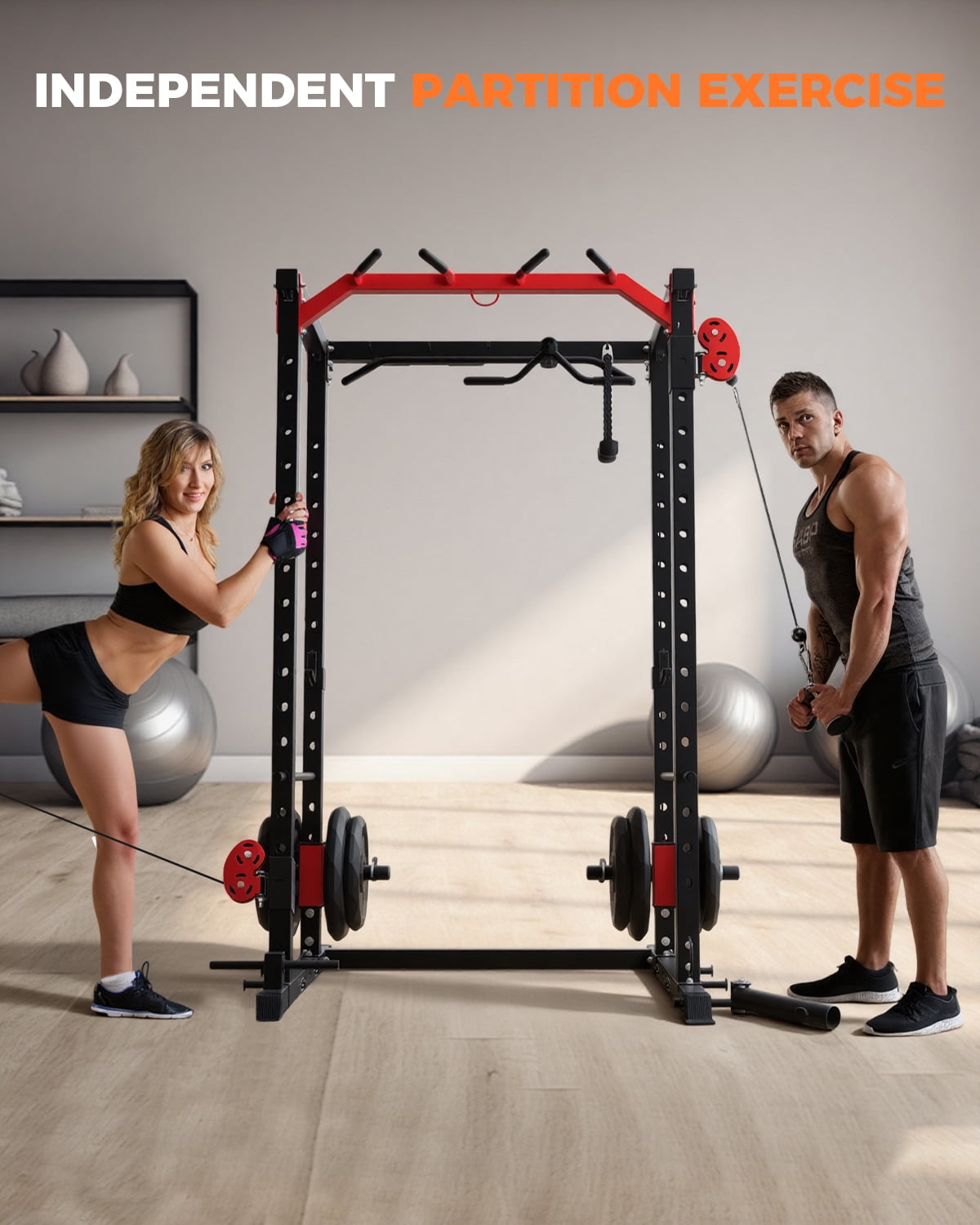 GARVEE Multi-Functional Squat Rack with LAT Pulldown System Exercise Power Cages,2000lb Capacity,Black&Red