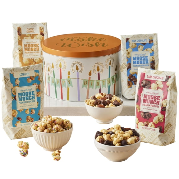 Harry & David Moose Munch® Premium Popcorn Birthday Tin - 4 Bags (10Oz Each), Birthday Gift Basket, Movie Night Snacks, Popcorn Party